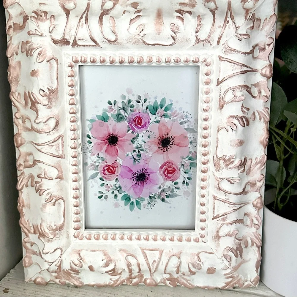 Colorful Floral Picture Vintage Style Ornate Thick White Rose Gold Framed Art